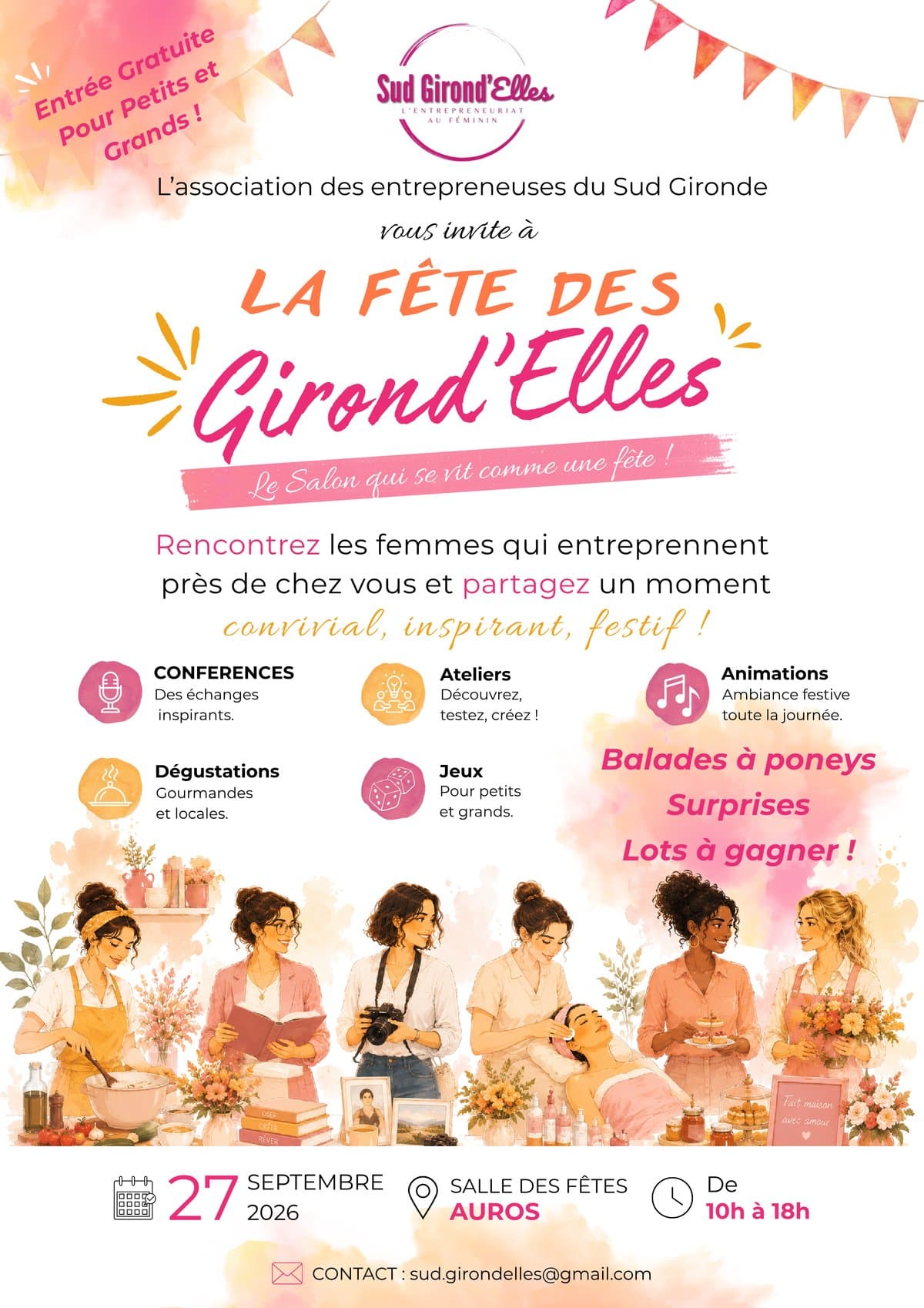 Affiche officielle de la Fête des Girond'Elles, dimanche 27 septembre 2026, Salle des Fêtes à Auros, de 10h à 18h